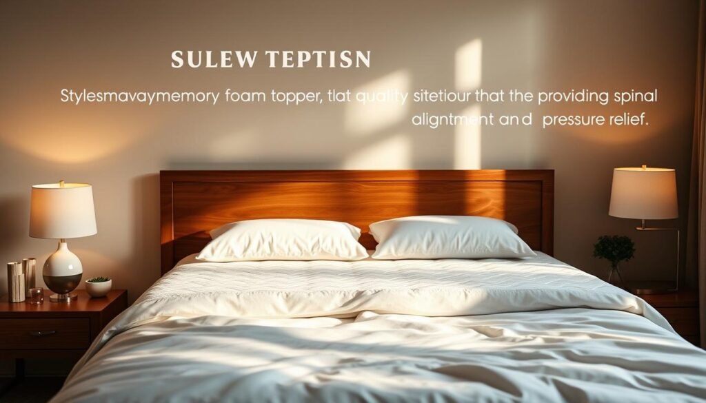 A cozy, well-designed bedroom featuring a luxurious StylesMaven memory foam mattress topper. The topper is a plush, high-quality material that contours to the sleeper's body, providing enhanced spinal alignment and pressure relief. Soft, natural lighting from a bedside lamp casts a warm glow, creating a serene and relaxing atmosphere. The bed is elegantly framed by a minimalist wooden headboard, complemented by crisp, white bedding that adds a sense of purity and tranquility. The room exudes a calming ambiance, inviting the viewer to imagine a restful, restorative sleep experience. A cozy, well-designed bedroom featuring a luxurious StylesMaven memory foam mattress topper. The topper is a plush, high-quality material that contours to the sleeper's body, providing enhanced spinal alignment and pressure relief. Soft, natural lighting from a bedside lamp casts a warm glow, creating a serene and relaxing atmosphere. The bed is elegantly framed by a minimalist wooden headboard, complemented by crisp, white bedding that adds a sense of purity and tranquility. The room exudes a calming ambiance, inviting the viewer to imagine a restful, restorative sleep experience.