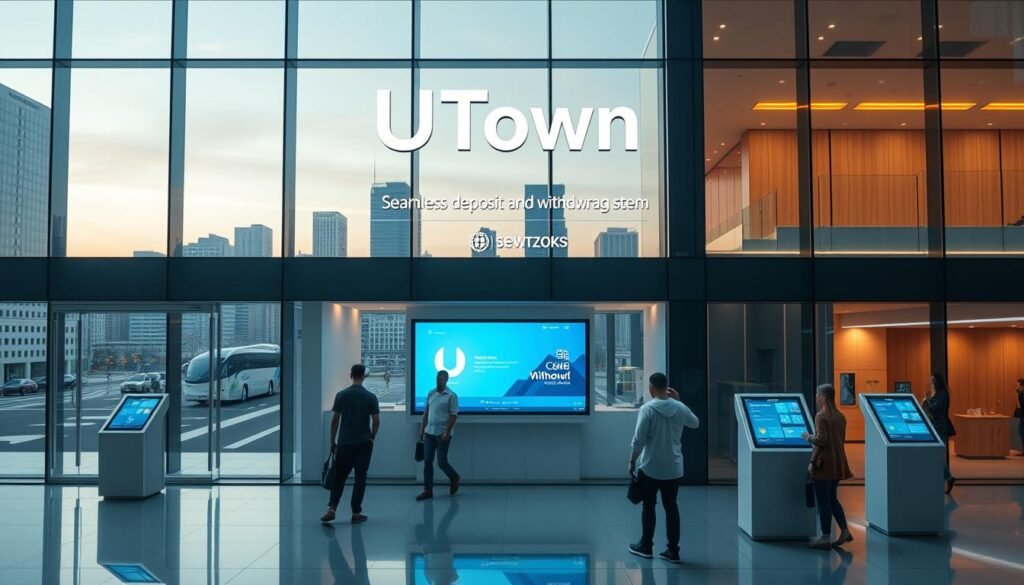 A modern, sleek financial institution named UTown, showcasing its seamless deposit and withdrawal system. A large, minimalist glass facade reflects the city skyline, exuding a sense of technological sophistication. Inside, a spacious lobby features clean lines, warm lighting, and touchscreen interfaces, enabling efficient, user-friendly transactions. Customers navigate the intuitive digital platform, accessing their accounts with ease. The overall atmosphere conveys a streamlined, trustworthy financial experience tailored for the digital age. A modern, sleek financial institution named UTown, showcasing its seamless deposit and withdrawal system. A large, minimalist glass facade reflects the city skyline, exuding a sense of technological sophistication. Inside, a spacious lobby features clean lines, warm lighting, and touchscreen interfaces, enabling efficient, user-friendly transactions. Customers navigate the intuitive digital platform, accessing their accounts with ease. The overall atmosphere conveys a streamlined, trustworthy financial experience tailored for the digital age.