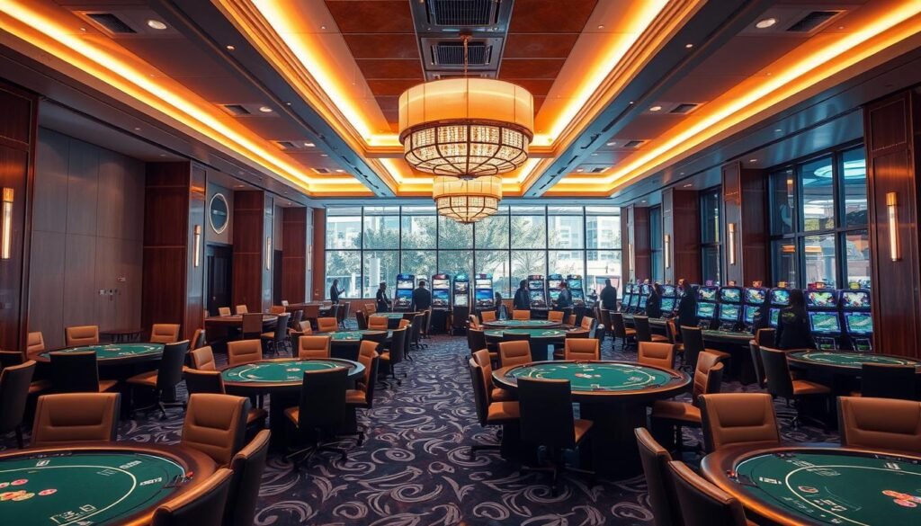 A secure and reliable gaming environment at UTown Entertainment City. A modern, well-lit interior with clean lines and soothing colors. Plush leather seating, elegant wood furnishings, and discreet security measures create a sense of comfort and safety. Warm lighting from recessed fixtures and large windows provide a natural, inviting ambiance. The tables are arranged with precision, each outfitted with high-quality gaming equipment. Knowledgeable and attentive staff ensure a seamless, enjoyable experience for every visitor. The overall atmosphere exudes professionalism, trustworthiness, and a commitment to fair play. A secure and reliable gaming environment at UTown Entertainment City. A modern, well-lit interior with clean lines and soothing colors. Plush leather seating, elegant wood furnishings, and discreet security measures create a sense of comfort and safety. Warm lighting from recessed fixtures and large windows provide a natural, inviting ambiance. The tables are arranged with precision, each outfitted with high-quality gaming equipment. Knowledgeable and attentive staff ensure a seamless, enjoyable experience for every visitor. The overall atmosphere exudes professionalism, trustworthiness, and a commitment to fair play.