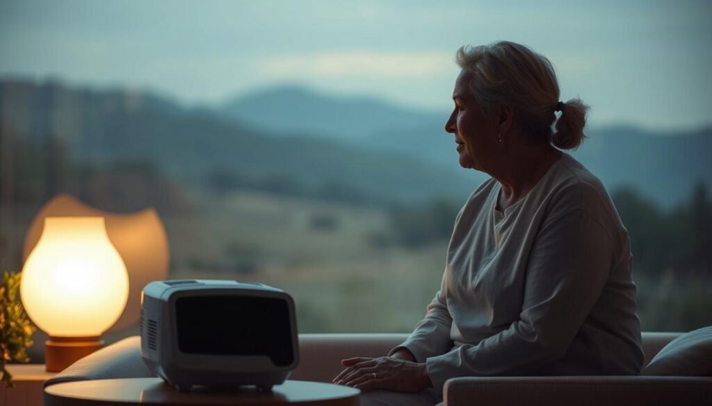 A serene, dimly lit scene depicting a therapist guiding a patient through psychological counseling while using the iCareCPAP sleep apnea machine. The therapist, sitting across from the patient, maintains a warm, empathetic expression as they discuss coping strategies. In the background, a soothing, natural landscape with a calming color palette sets the tone. The patient's face is relaxed, signifying the trust and comfort established in the therapeutic relationship. Soft lighting from a nearby lamp casts a gentle glow, creating an atmosphere of introspection and healing. The iCareCPAP machine sits unobtrusively on a side table, symbolizing the integration of medical technology and mental health support. A serene, dimly lit scene depicting a therapist guiding a patient through psychological counseling while using the iCareCPAP sleep apnea machine. The therapist, sitting across from the patient, maintains a warm, empathetic expression as they discuss coping strategies. In the background, a soothing, natural landscape with a calming color palette sets the tone. The patient's face is relaxed, signifying the trust and comfort established in the therapeutic relationship. Soft lighting from a nearby lamp casts a gentle glow, creating an atmosphere of introspection and healing. The iCareCPAP machine sits unobtrusively on a side table, symbolizing the integration of medical technology and mental health support.