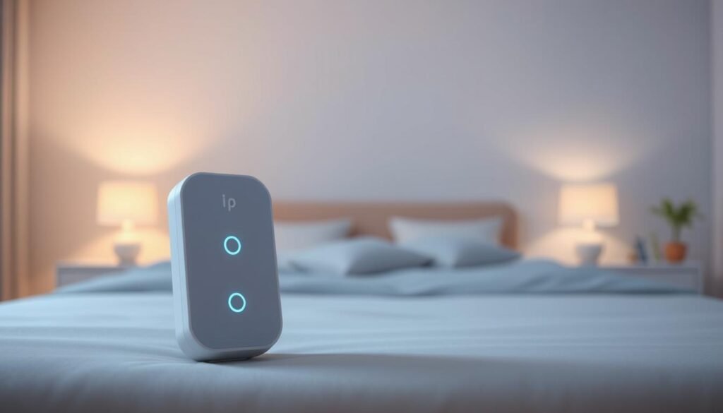 A serene, minimalist illustration showcasing the iCareCPAP sleep apnea machine. A sleek, modern device sits prominently in the foreground, its clean lines and soft blue LED lights conveying a sense of high-tech simplicity. In the middle ground, a tranquil bedroom scene with a comfortable bed and soothing lighting creates a relaxing, therapeutic atmosphere. The background features soft, muted gradients, reinforcing the calming, wellness-focused ambiance. Lighting is natural and diffused, with a slight vignette effect to draw the eye to the central device. The overall composition and color palette aim to visually represent the guide's focus on improving adaptation and comfort with sleep apnea therapy. A serene, minimalist illustration showcasing the iCareCPAP sleep apnea machine. A sleek, modern device sits prominently in the foreground, its clean lines and soft blue LED lights conveying a sense of high-tech simplicity. In the middle ground, a tranquil bedroom scene with a comfortable bed and soothing lighting creates a relaxing, therapeutic atmosphere. The background features soft, muted gradients, reinforcing the calming, wellness-focused ambiance. Lighting is natural and diffused, with a slight vignette effect to draw the eye to the central device. The overall composition and color palette aim to visually represent the guide's focus on improving adaptation and comfort with sleep apnea therapy.