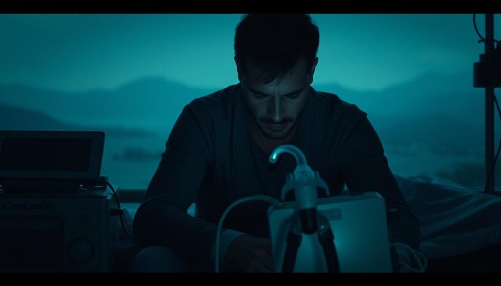 A sleep apnea patient, surrounded by the iCareCPAP device and medical equipment, sits hunched and anxious, their face etched with trepidation. The dim, moody lighting casts long shadows, amplifying the sense of unease. In the background, a hazy, dreamlike landscape reflects the patient's inner turmoil, while the foreground is dominated by the imposing presence of the medical apparatus, a constant reminder of their condition. The overall atmosphere conveys the psychological burden and fear that often accompanies the use of sleep apnea and respiratory devices. A sleep apnea patient, surrounded by the iCareCPAP device and medical equipment, sits hunched and anxious, their face etched with trepidation. The dim, moody lighting casts long shadows, amplifying the sense of unease. In the background, a hazy, dreamlike landscape reflects the patient's inner turmoil, while the foreground is dominated by the imposing presence of the medical apparatus, a constant reminder of their condition. The overall atmosphere conveys the psychological burden and fear that often accompanies the use of sleep apnea and respiratory devices.