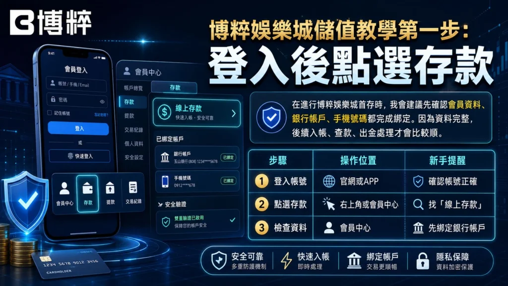 博粹娛樂城儲值教學第一步，登入會員帳戶並點選存款按鈕教學。